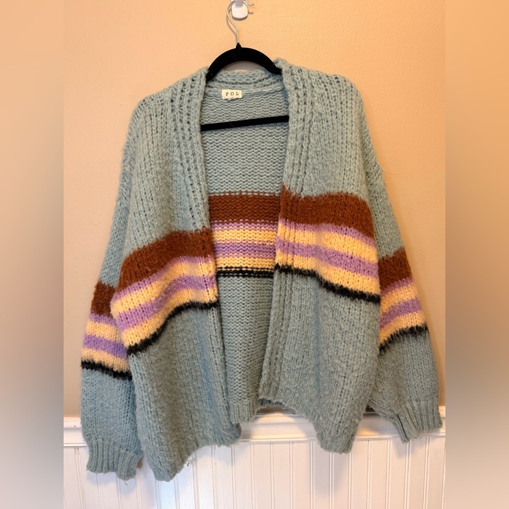 POL Women's Cozy Blue Cardigan with Stripes
